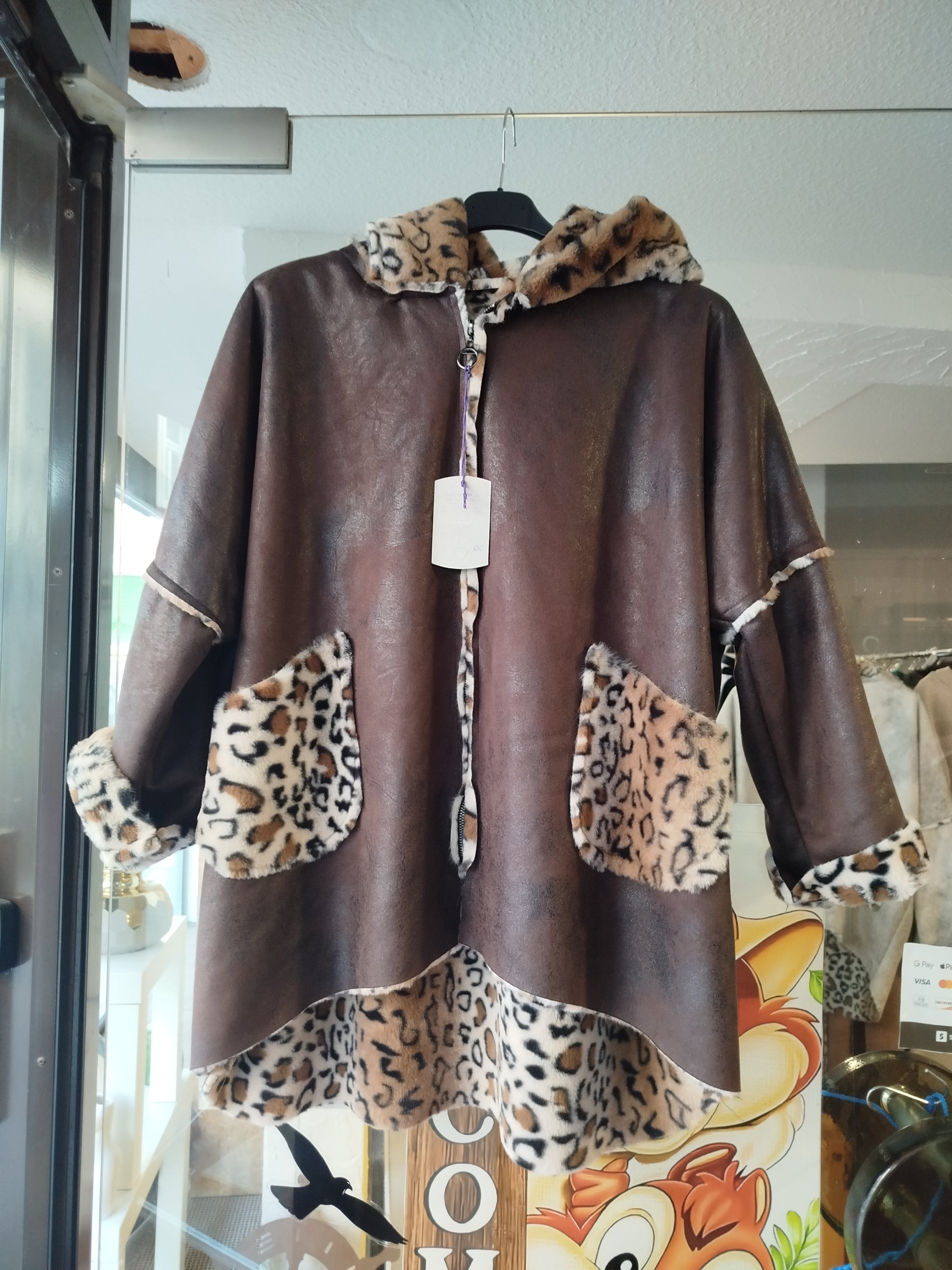 Jacke Veloursleder Optik mit Fake Leopardenfell onesize (36-44)