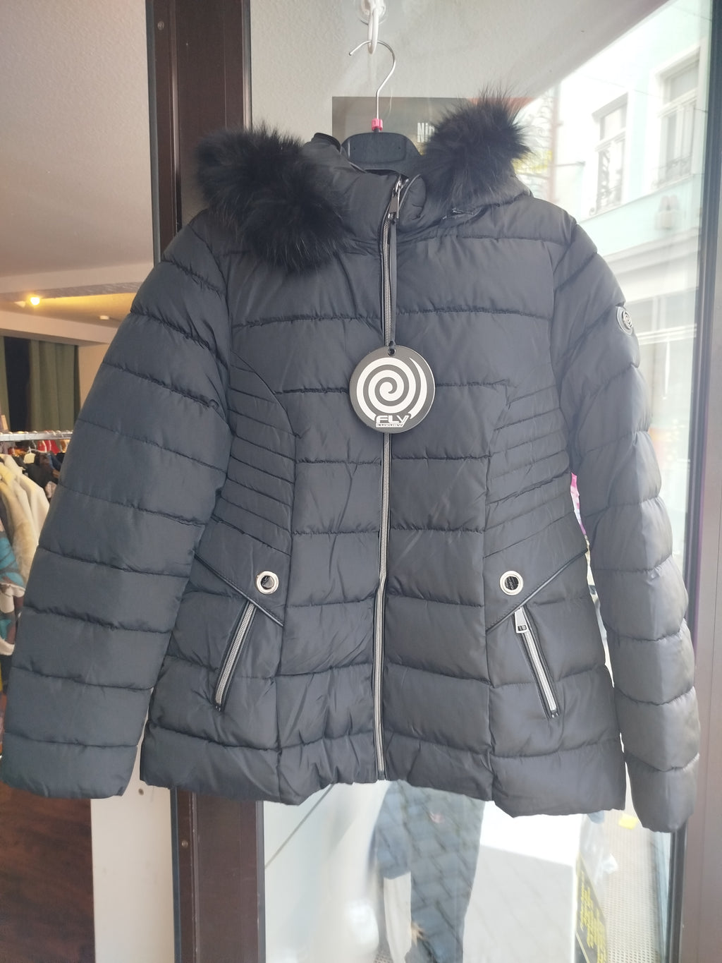 Daunenjacke mit Faux Fellkragen und Kapuze Gr. L