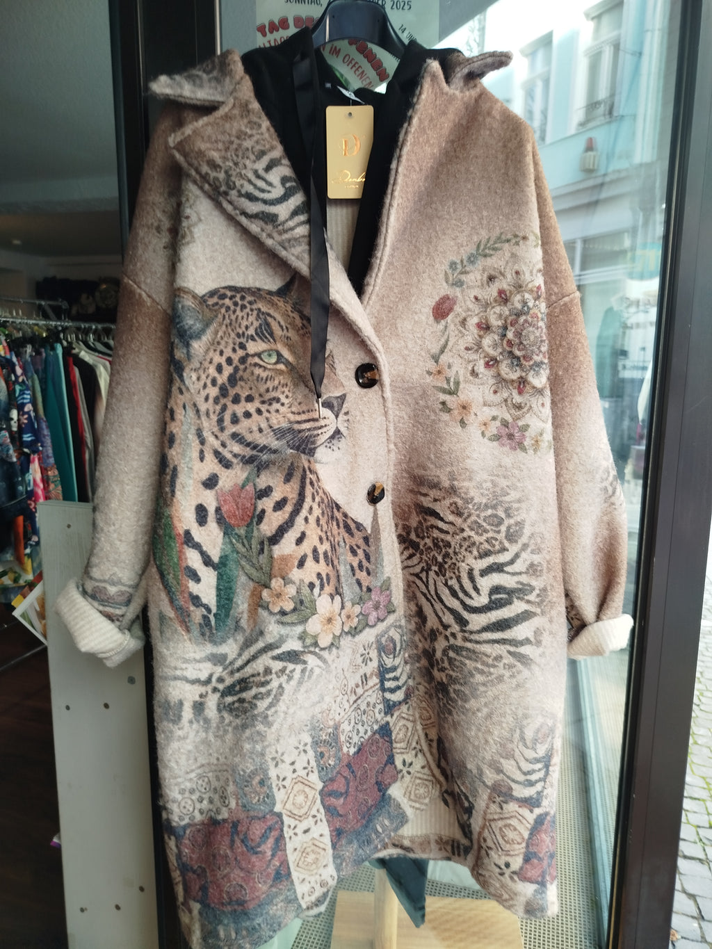 Wollmantel Fleecemantel mit Kapuze Leopardenmuster onesize