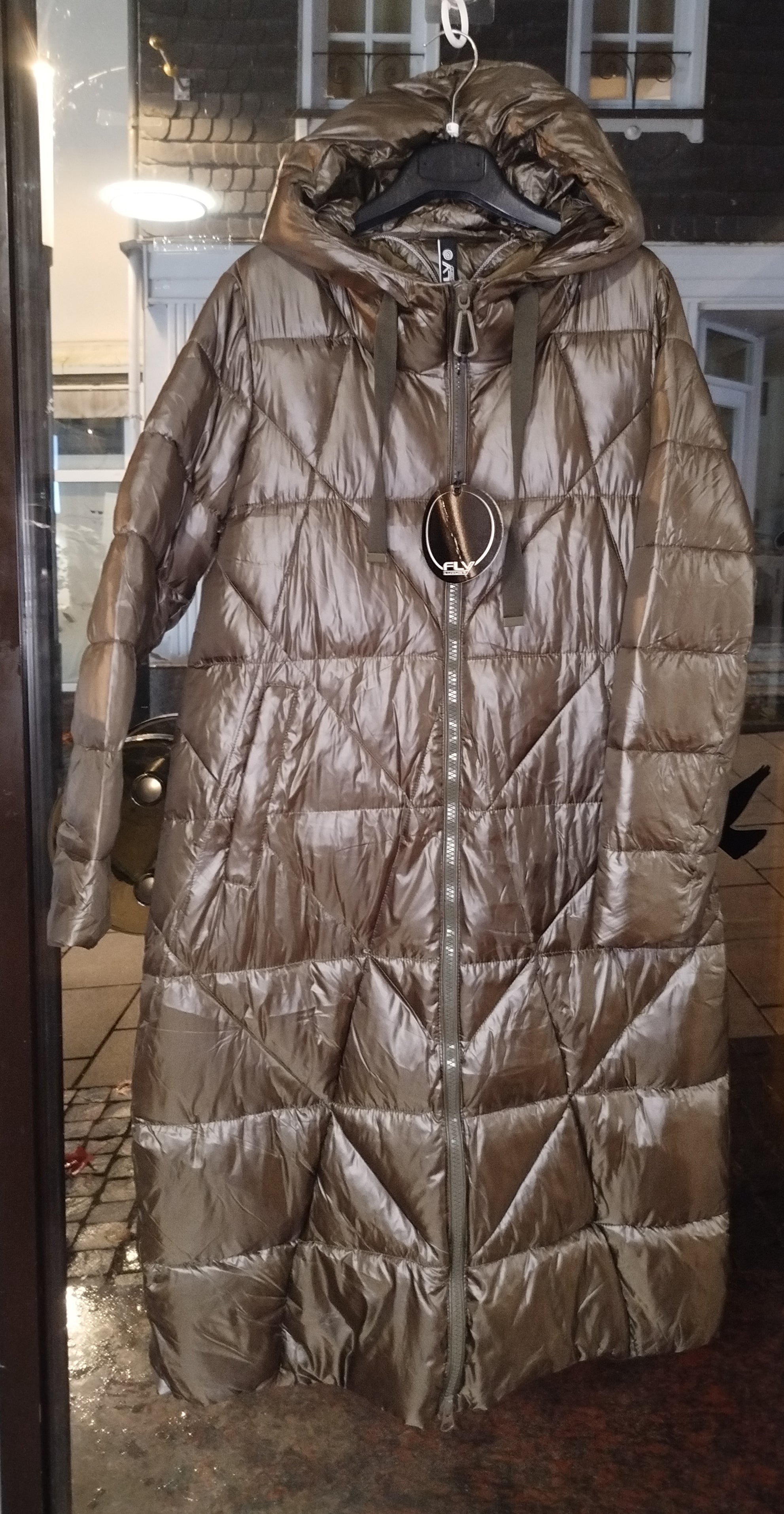 Daunenmantel Khaki glänzend Gr. XL mit Kapuze