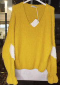 Strickpullover mit V-Ausschnitt gelb weißes Herz auf den Ärmeln onesize (36-42)